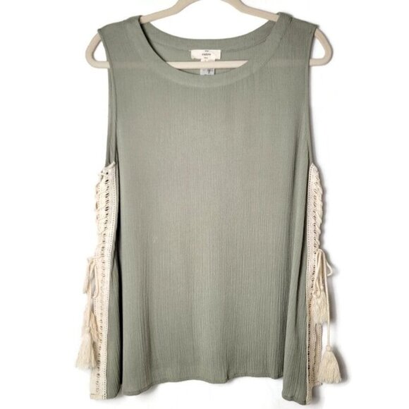 Entro Green Beige Gauzey Boho Side Splits Tassled Ties Crochet Sleeveless Tank L - Picture 1 of 9